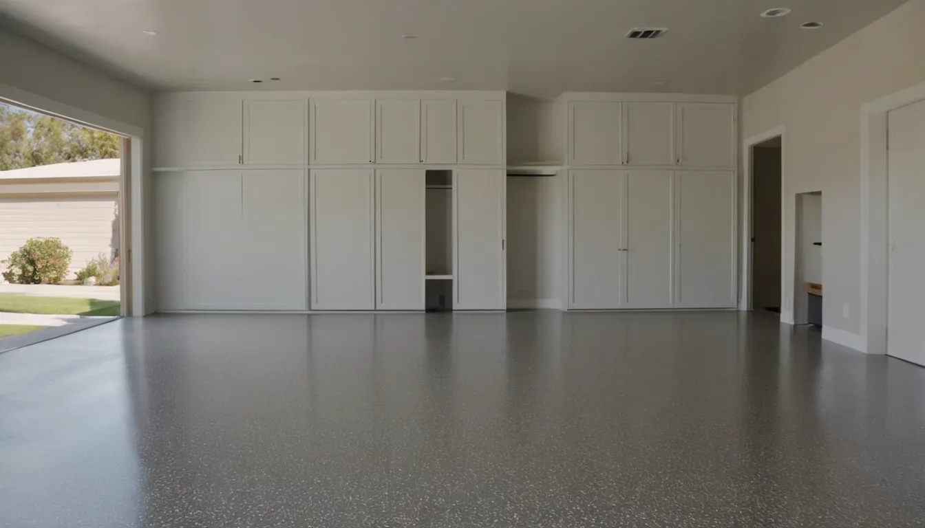Clean epoxy garage floor with colored flakes in a stucco home near Santee